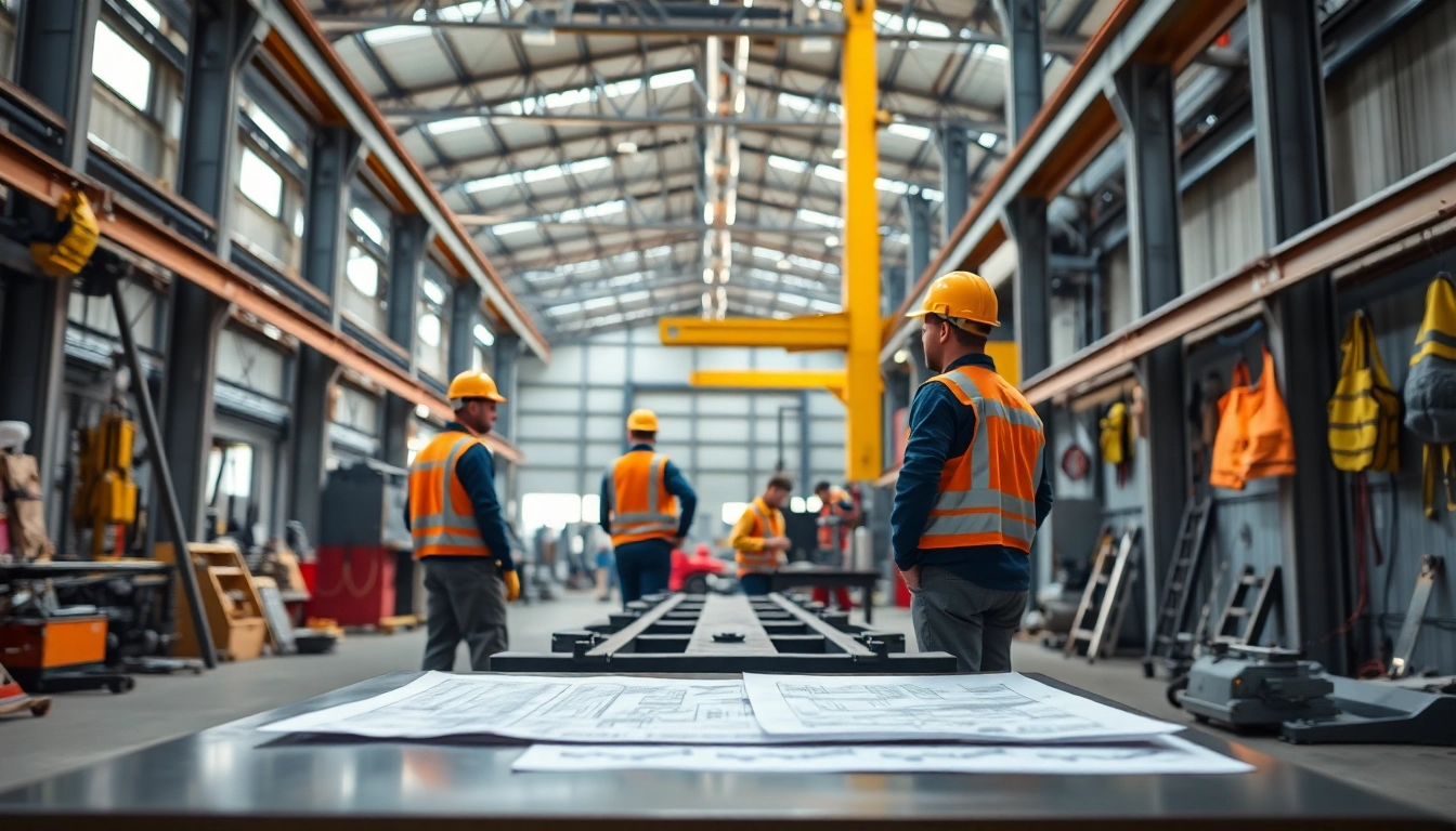 Showcasing structural steel fabrication with skilled professionals working on steel beams.