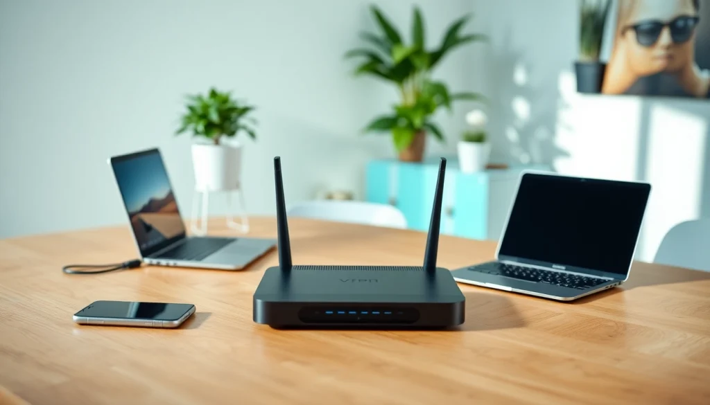 Setting up a vpn router uk in a stylish modern home office for optimal connectivity.