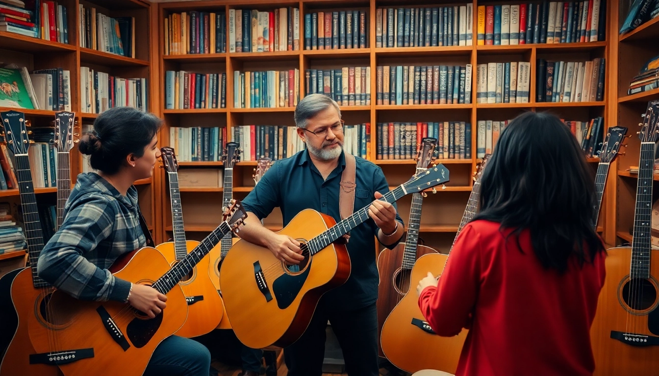 Join a guitar lesson at https://guitarlessons.co.uk featuring a passionate instructor and diverse students.