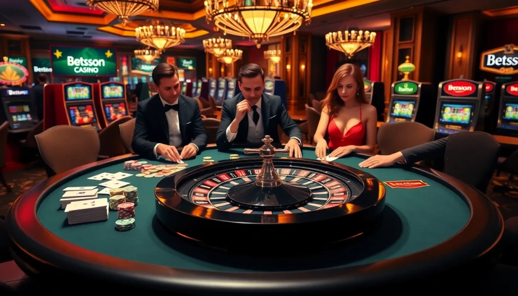Betsson casino table with players enjoying poker chips and roulette, showcasing excitement.
