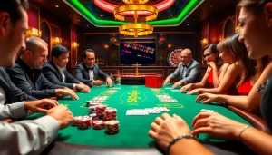 Excited players enjoying a high-stakes game at a Fun88 poker table in a vibrant casino setting.