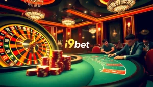 Excited players enjoying a thrilling casino experience at i9bet with roulette and poker tables.