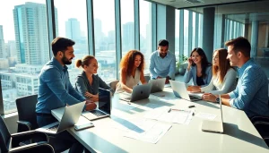 Agency team collaborating in a vibrant workspace that fosters creativity and teamwork.