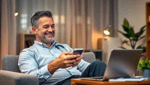 自宅でのオンライン診療を受ける満足そうな男性を描いた DMMオンラインクリニック AGA 口コミ