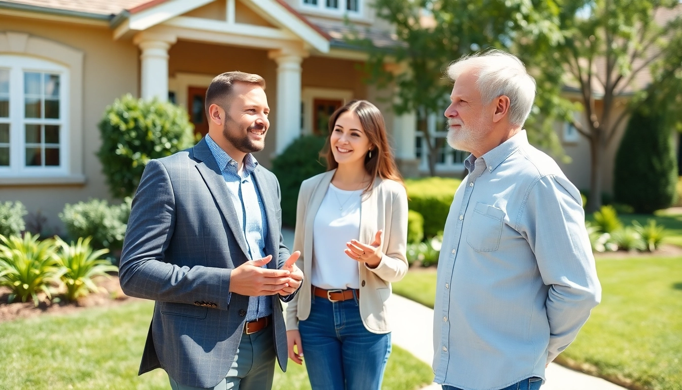 Real Estate agent showcasing a charming home to eager buyers in a sunny setting.