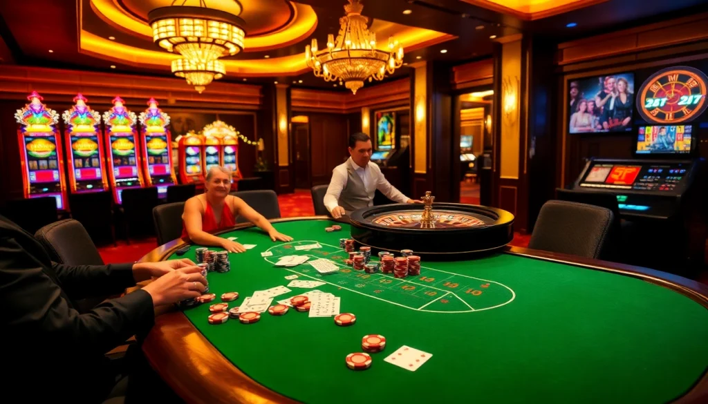 Action-packed gaming experience at Nhà cái MM88 with poker tables and vibrant slot machines.