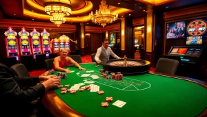 Action-packed gaming experience at Nhà cái MM88 with poker tables and vibrant slot machines.