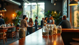 Join patrons enjoying the relaxed atmosphere at a vibrant cannabis club interior.