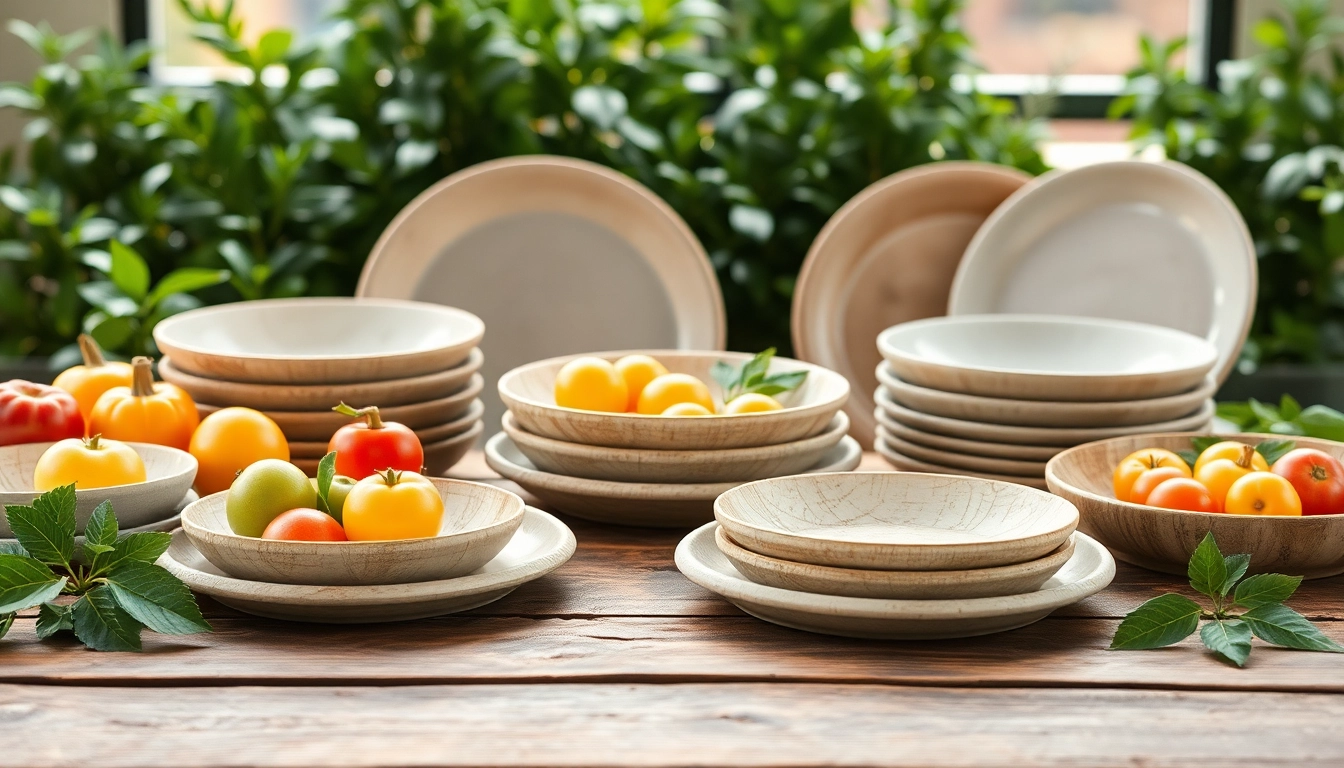 Display of compostable plates on a rustic table enhanced by fresh vegetables and fruits.