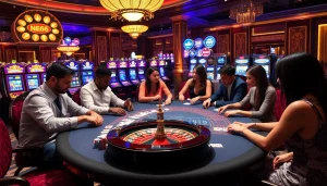 Experience an exciting gambling scene at New66 with vibrant players and luxurious casino elements.