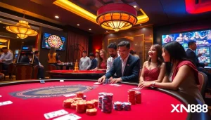 Players enjoying a lively casino experience at XN88, featuring poker, roulette, and slot machines.