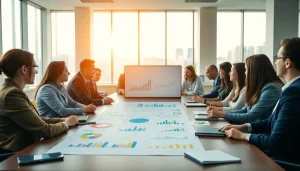 Engaging business professionals collaborating and strategizing in a modern office.