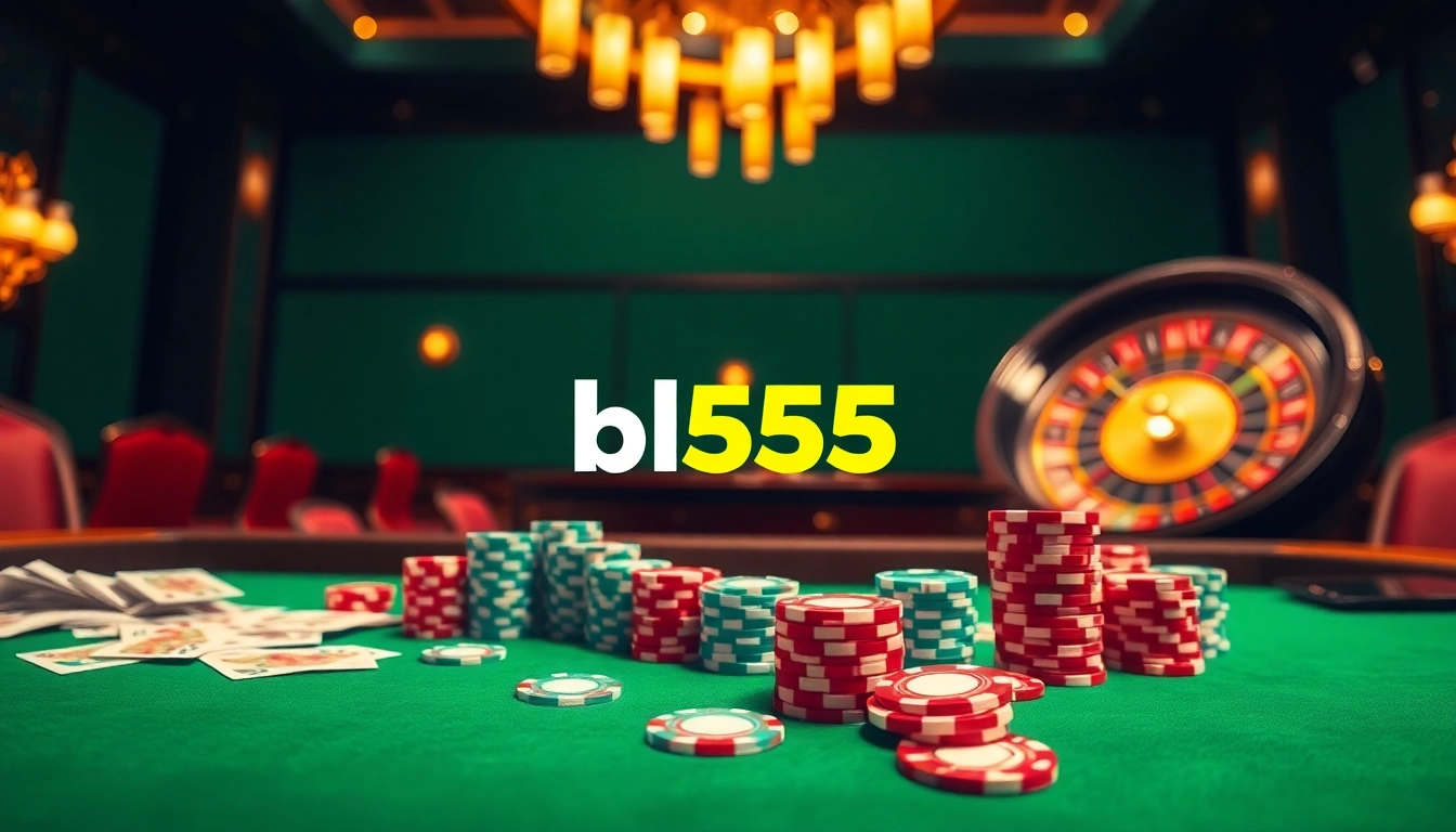 Engage in thrilling gameplay at Bl555 with vibrant casino elements, cards, and roulette.