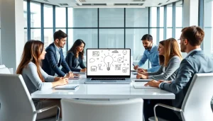 Business professionals collaborating in a modern office setting, exemplifying teamwork and innovation.