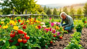 Gardening scene showcasing a gardener nurturing vegetables in a vibrant garden.
