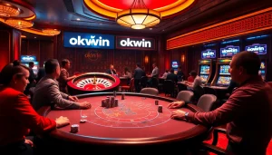 Excited players engaging at a luxurious poker table in an upscale casino setting featuring okwwin.