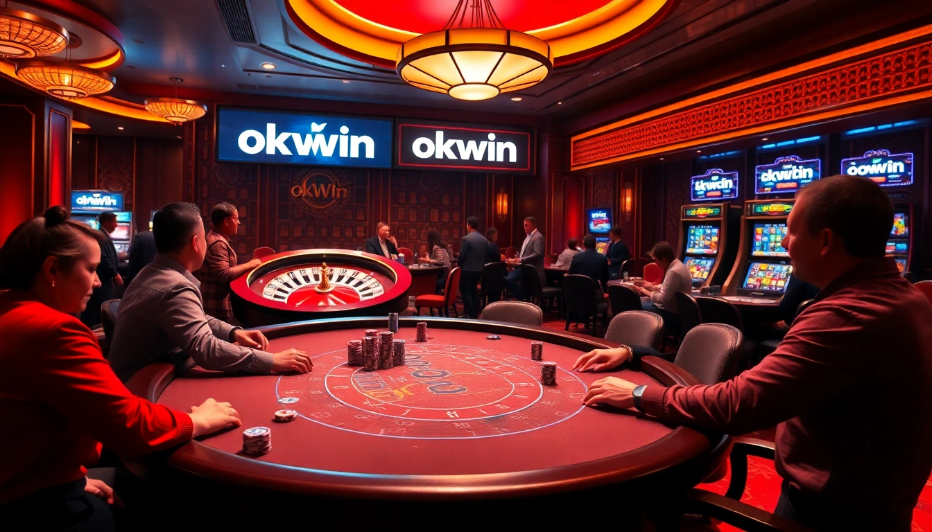 Excited players engaging at a luxurious poker table in an upscale casino setting featuring okwwin.