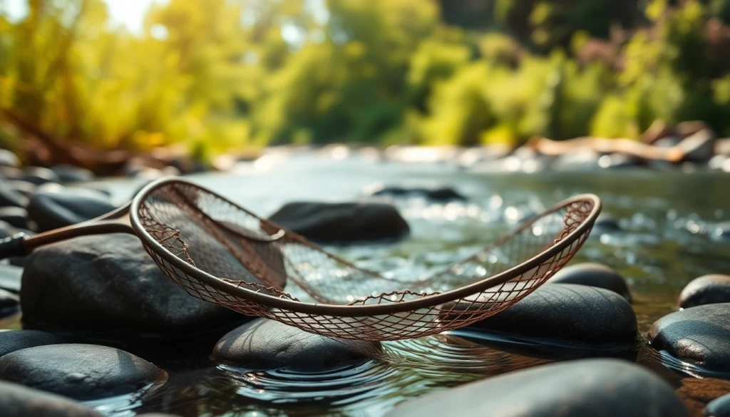 Captivating fly fishing net displayed by a tranquil river, highlighting its craftsmanship in a natural setting.