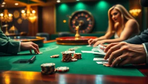 Players engaging in a high-stakes game at Netwin casino table, surrounded by vibrant poker chips and roulette wheel.