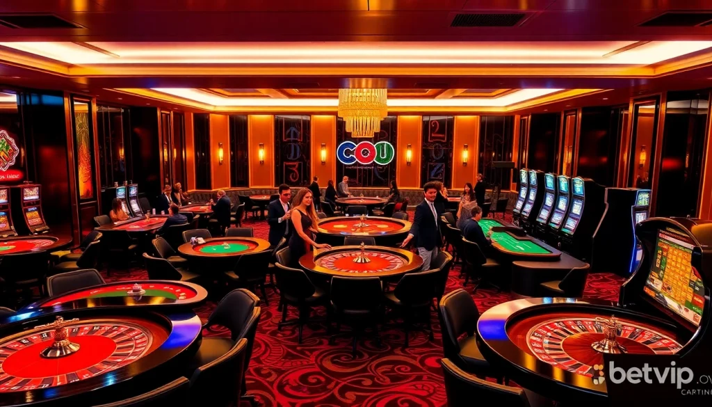 Trải nghiệm cảm giác cá cược tại Betvip trong một không gian casino sang trọng với bàn chơi và máy đánh bạc sống động.