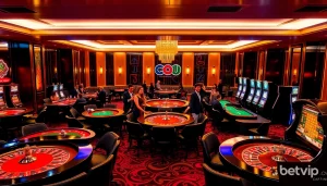 Trải nghiệm cảm giác cá cược tại Betvip trong một không gian casino sang trọng với bàn chơi và máy đánh bạc sống động.