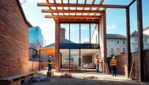 House extension construction in Melbourne with builders on-site and modern design elements.