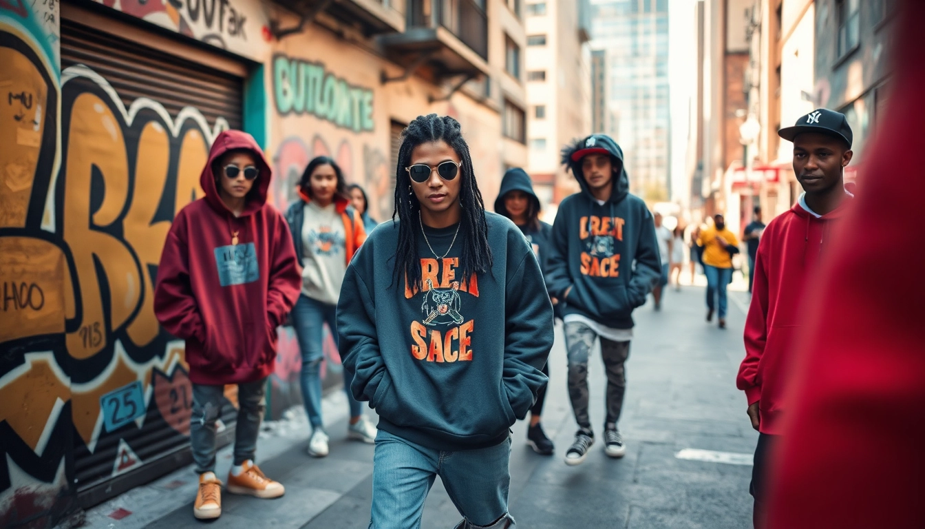 Dynamic urban streetwear fashion scene with stylish individuals showcasing trendy hoodies and sneakers.