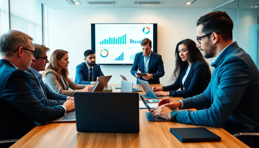 Team analyzing competitive intelligence data in a bright office setting with technology.