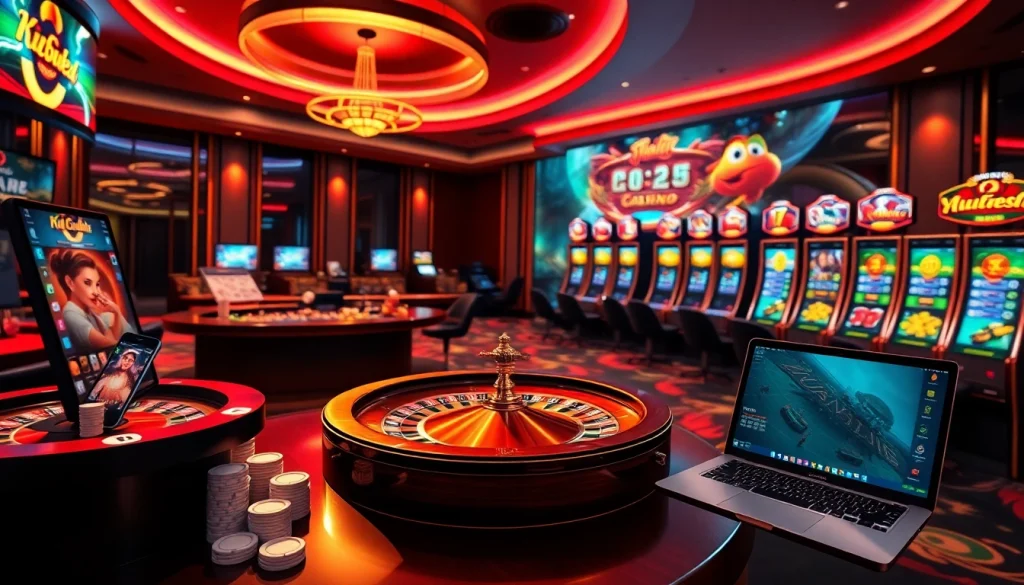 Experience the excitement of online gambling at https://kkwin.diy/ with a luxurious casino setup featuring poker chips and a roulette wheel.
