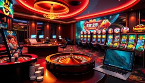 Experience the excitement of online gambling at https://kkwin.diy/ with a luxurious casino setup featuring poker chips and a roulette wheel.