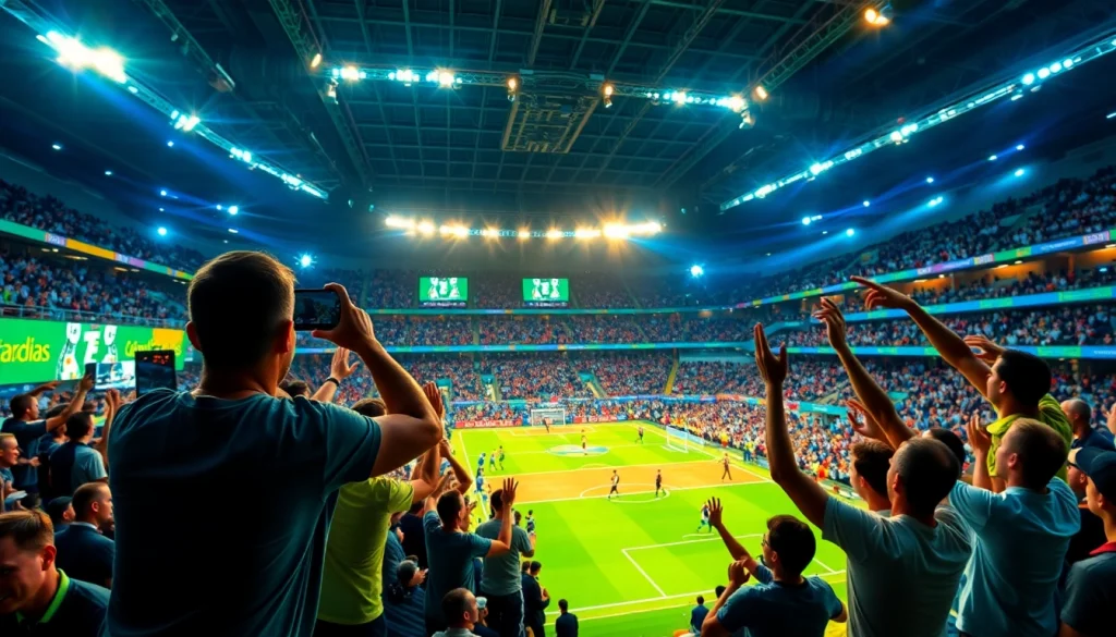 Watch Diema Sport Online Free at a lively sports event featuring enthusiastic fans, teams in action, and vibrant colors.