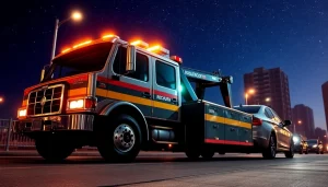 Emergency car recovery service at https://trtrecoveryuae.com assisting a stranded vehicle in Dubai at night.