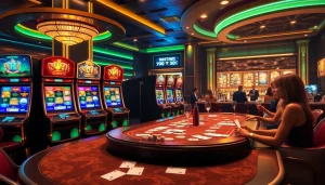 Nổ Hũ slot machines in a luxury casino with vibrant colors and players engaged in excitement.