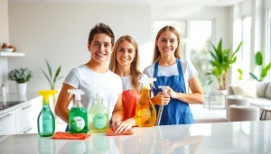 Showcasing a professional cleaning service team at work in a modern home environment.