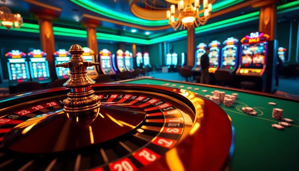 Engage in high-stakes gaming with birutoto at a luxurious casino featuring a roulette wheel and glowing slot machines.