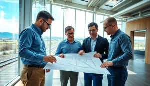 Experienced Railroad Design Consultants analyzing plans with precision and teamwork in a modern office.