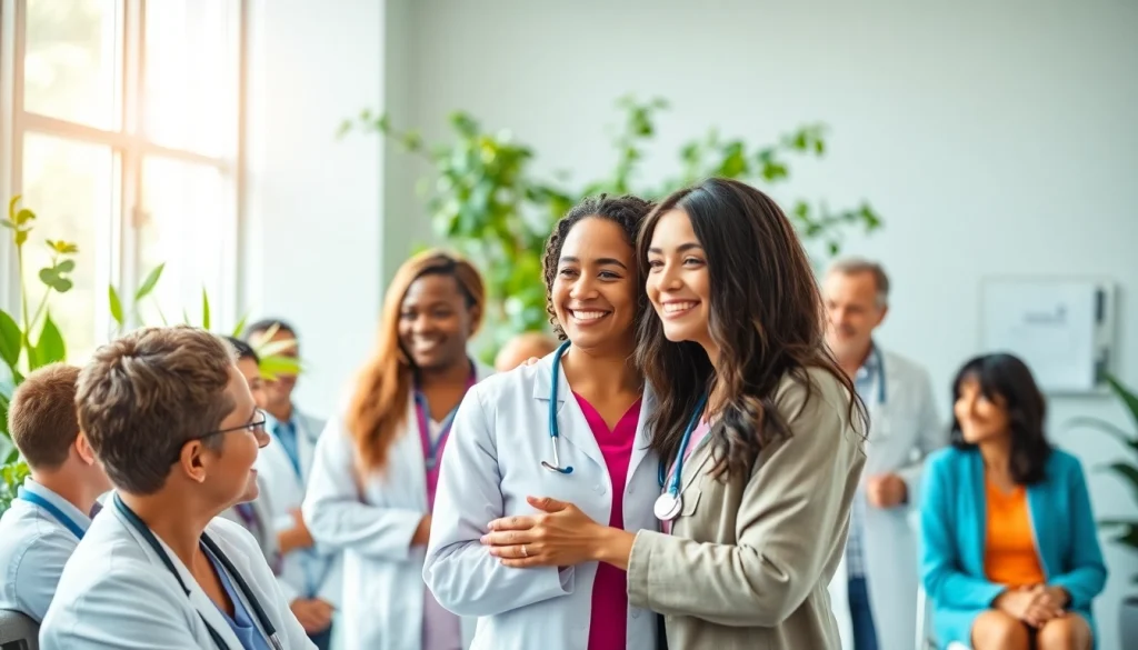 Engaging interaction between healthcare providers at https://www.medexdtc.com in a welcoming clinic setting.