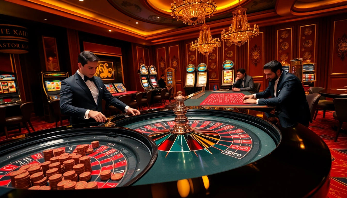Engage in the thrilling atmosphere of 188bet with poker players and roulette action in a luxury casino.