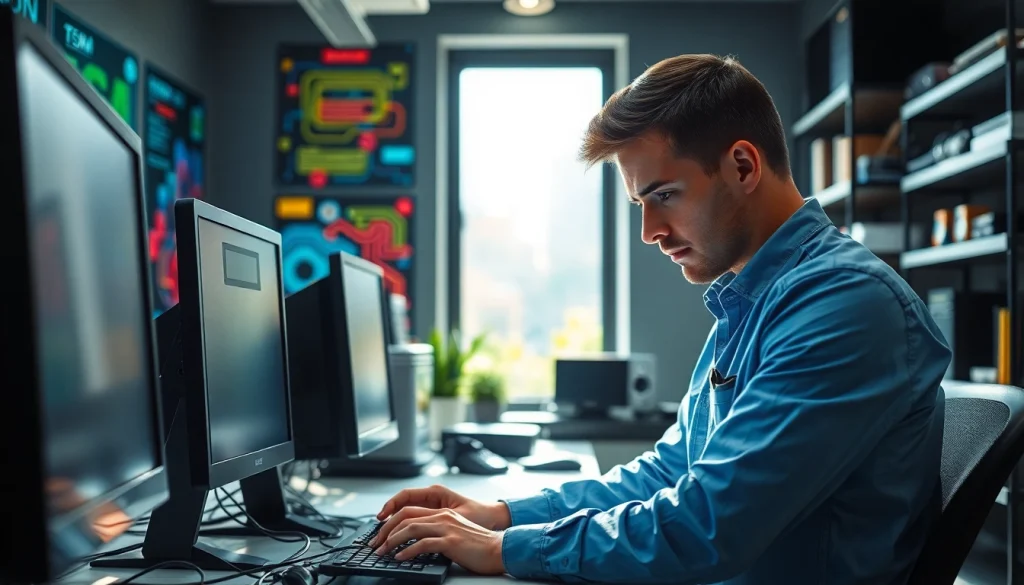 Providing computer help near me with a technician troubleshooting a desktop in a modern office.