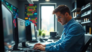 Providing computer help near me with a technician troubleshooting a desktop in a modern office.