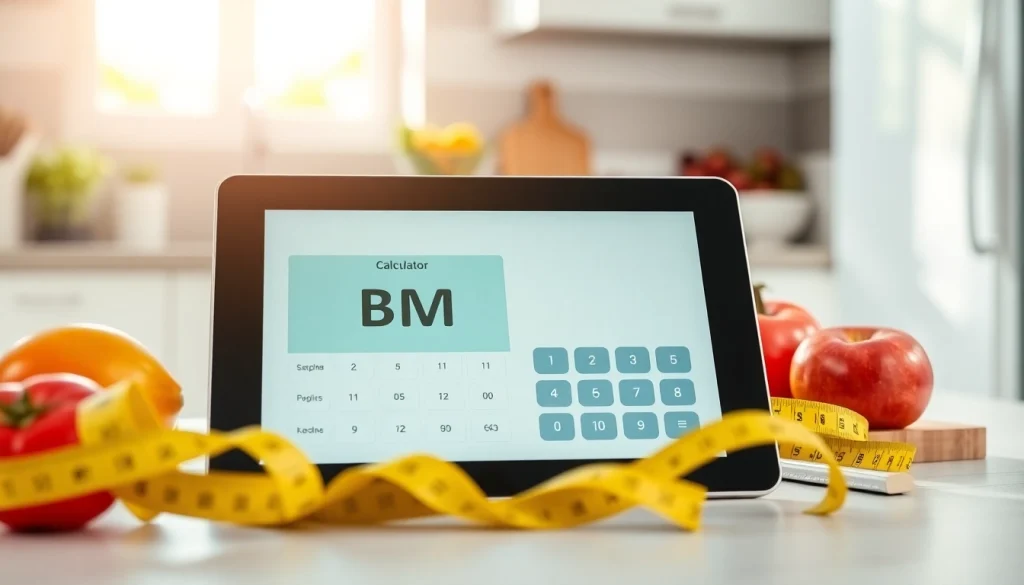 Use the bmi calculator to assess body fat with a digital tablet in a modern kitchen.