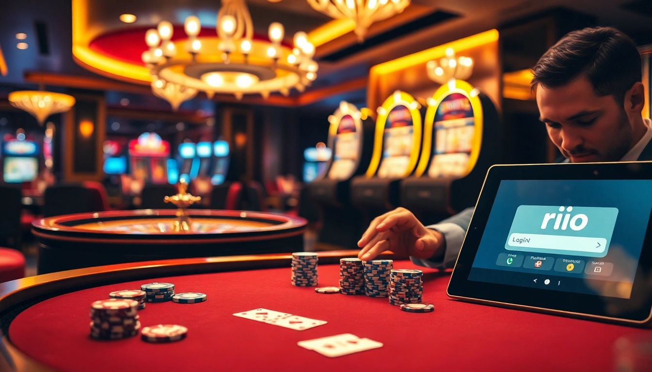Engaging scene of a player focusing on rio Login for a poker game in a luxury casino setting.