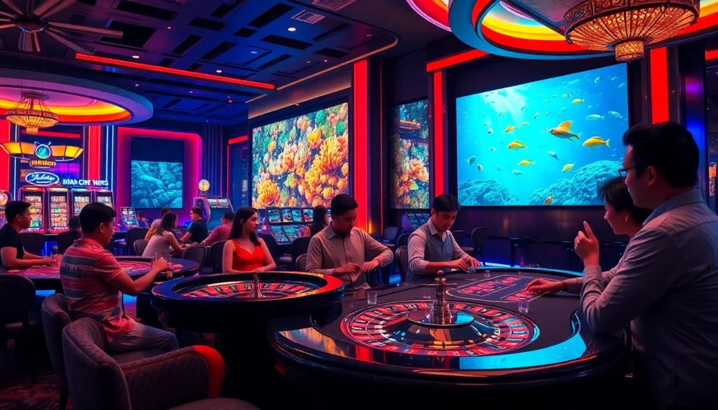 Catching prizes in bắn cá đổi thưởng at a glamorous casino environment, featuring colorful fish and interactive gaming elements.