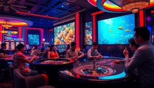 Catching prizes in bắn cá đổi thưởng at a glamorous casino environment, featuring colorful fish and interactive gaming elements.
