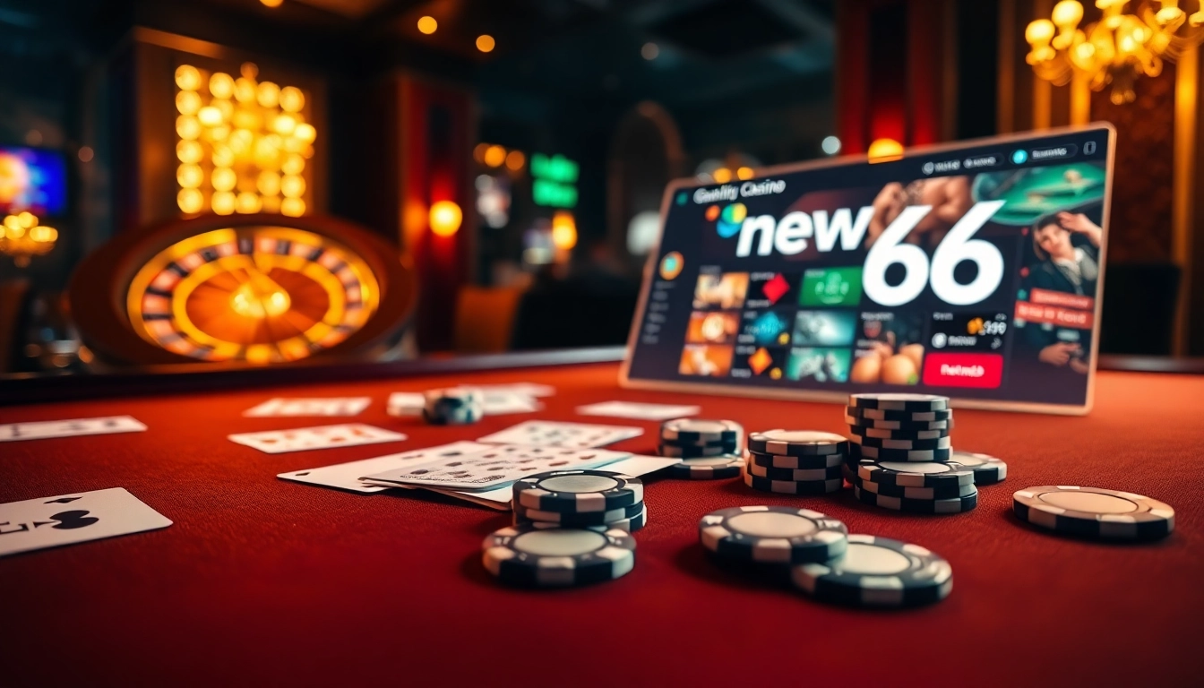 Experience the excitement of new66 in a luxurious casino setting with poker chips and roulette wheels.