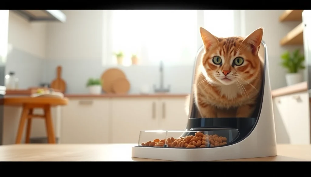 Explore a modern automatic cat feeder with clear compartments and a curious cat looking at it.