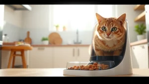 Explore a modern automatic cat feeder with clear compartments and a curious cat looking at it.