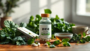 木製のテーブルの上に置かれた葉酸サプリのボトルと新鮮な葉野菜、ハーブティーのカップ。健康を促進。