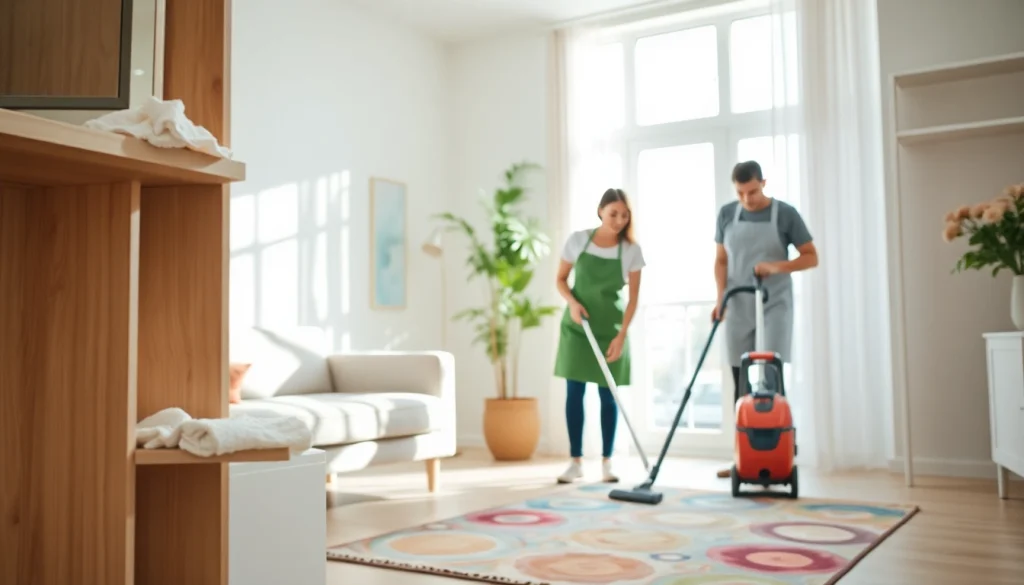 Cleaning service professionals tidying a bright home with eco-friendly products.