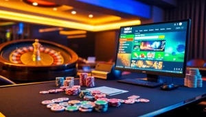 Cảnh mô tả trải nghiệm cá cược trực tuyến sang trọng với giao diện liên kết W88 trên bàn casino.